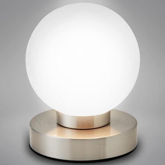 183481 - BKLICHT - Llambë nate me kontroll prekjeje, zbehtë, prizë E14, glob qelqi i bardhë, 12.6x15.7cm (diametër x lartësi), nikel mat