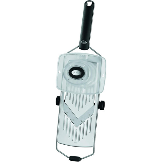 167541 - RÖSLE Prerëse me Teh V për Perime, Trashësi Prerjeje 5, Çelik Inox 18/10, Dorezë Plastike dhe Mbështetëse Silikoni, Përfshirë Mbajtësen e Perimeve, 43.43 cm