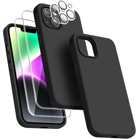 190100 - DSSAIRO - Kuti Mbrojtëse 5-në-1 për iPhone 14, me 2 Mbrojtëse Ekrani dhe 2 Mbrojtëse Lentesh Kamera, nga Silikoni i Lëngshëm, Ultra i Hollë, Rezistent ndaj Goditjeve, me Rreshtim Mikrofibër, 6.1 inç, e Zi