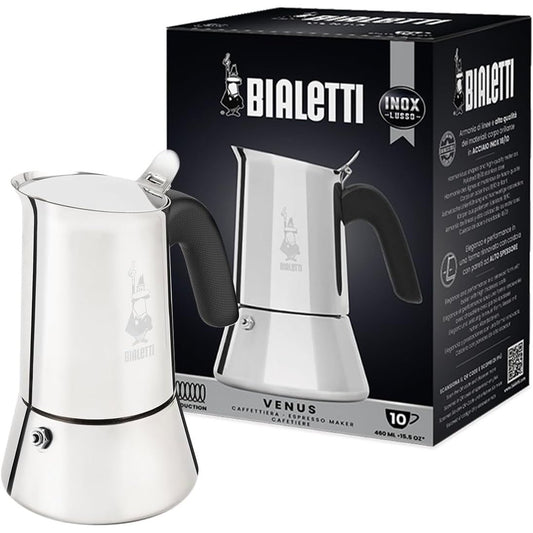 208528 - BIALETTI - Venus Induction i Ri, Makinë kafeje për Espresso prej Çeliku Inox, e Përshtatshme për të Gjitha Sipërfaqet e Sobeve, Kapaciteti 10 Gota (460ml), Materiali Alumini, Ngjyra Argjendi