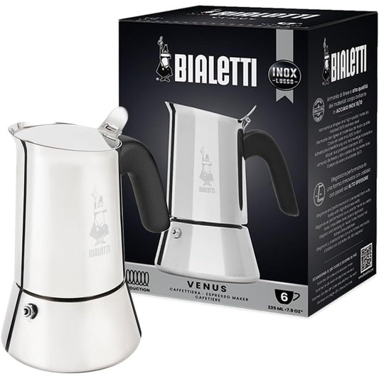 178005 - BIALETTI - Venus Induction i Ri, Makinë Kafeje për Espresso prej Çeliku Inox, e Përshtatshme për të Gjitha Llojet e Sobave, Kapaciteti 6 Gota ose 235ml, Materiali Alumini, Ngjyra Argjendi