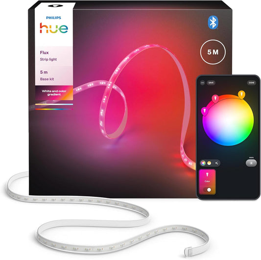177076 - PHILIPS Hue Flux Shirit LED 5m, Fuqi 2000 lm, me Ambiente dhe Ngjyra të Gjallë, Ndriçim Fleksibel Brendshëm, Tranzicione Ngjyrash Chromasync™, Sistemi RGBWWIC, i Shkurtueshëm dhe i Zgjerueshëm, i Ripërdorshëm, Kontroll me Aplikacion dhe Zë
