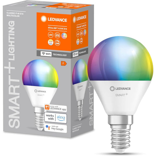 179841 - LEDVANCE - Llambë LED E14 Mini Smart Home WiFi, 4.9W (470lm, zëvendëson 40W inkandeshente), e zbehtë, ngjyrë drite RGBW (2700-6500K), e kontrollueshme me Alexa, Google Assistant - Pako prej 1