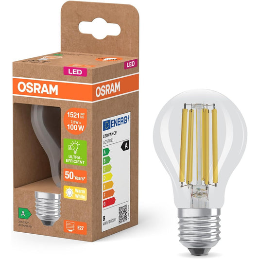 180534 - OSRAM Llambë LED Superstar Classic A 100 në Formë Klasike, Trup Qelqi Transparent, 7.2W, 1521lm, Prizë E27, Dritë e Bardhë e Ngrohtë 2700K, Klasa Efikasiteti në Energji A, Diametër 60mm