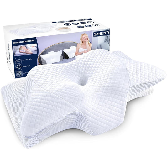 187312 - SAHEYER Jastëk Ergonomik për Qafën me Shkumë Memorije, Jastëk Anësor për Gjumë, Jastëk Mbështetës Ortopedik për Gjumë Më të Mirë, 60x35.5x13/10CM, i Bardhë