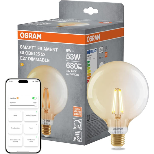 180067 - OSRAM SMART+ Llambë LED, G53, 6W, 2400K, E27, Forma Sferike, Filamenti Ari, e Errësueshme, e Kontrollueshme nëpërmjet Aplikacionit ose Zërit, e Pajtueshme me Matter