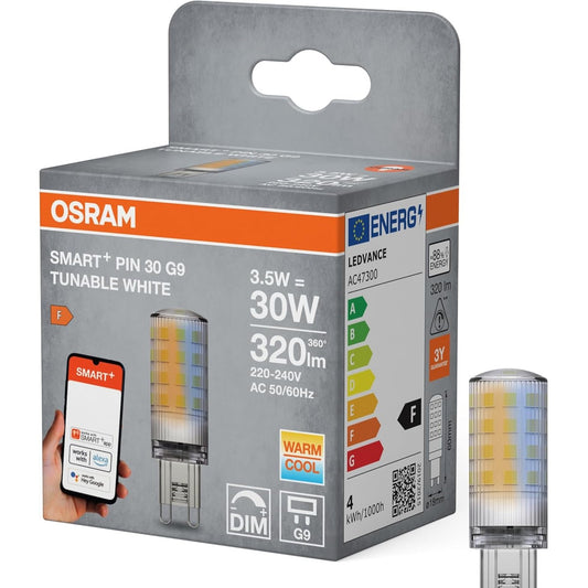 179372 - OSRAM - Llambë LED SMART+ WiFi SPECIAL PIN CL 30, Baza G9, 3.5W, Jetëgjatësi e Madhe, 320lm, Temperatura e Ngjyrës 2700K-6500K, E Errësueshme, Kontrollim përmes Aplikacionit