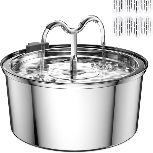 177741 - DOOOB Shatërvan uji për Mace dhe Qen, Kapaciteti 3.2L, Materiali Çelik Inox, me Pompë Ultra të Qetë, 8 Filtra dhe 8 Sfungjerë të Përfshirë