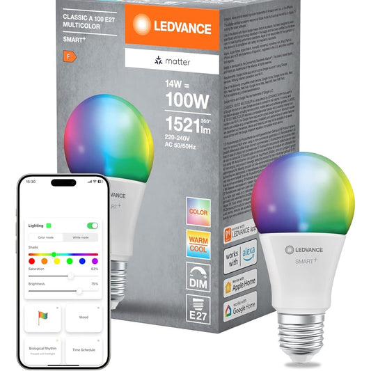 210811 - LEDVANCE - Llambë SMART+ MATTER LED, Ngjyrë Bardhë e Acaruar, 14W, 1521lm, Formë Klasike E27, Dritë Me Ngjyra dhe e Bardhë, Kontroll Nga Aplikacioni ose Me Zë, Jetëgjatësi Deri në 20,000 Orë, Pako e Vetme