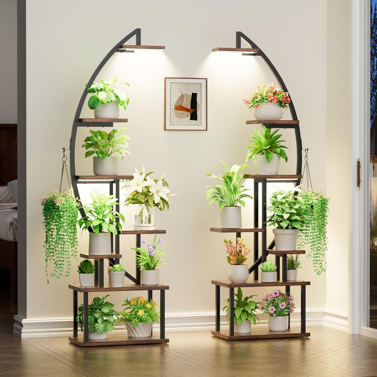 167315 - BACEKOLL Stand i Madh për Bimë të Brendshme me Dritë Rritjeje, 7 Kate Metalike, Raft Ekspozues, Formë Gjysmëhëne, për Dhomë Ndenjeje/Verandë/Ballkon, Set prej 2 copësh