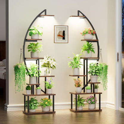 167315 - BACEKOLL Stand i Madh për Bimë të Brendshme me Dritë Rritjeje, 7 Kate Metalike, Raft Ekspozues, Formë Gjysmëhëne, për Dhomë Ndenjeje/Verandë/Ballkon, Set prej 2 copësh